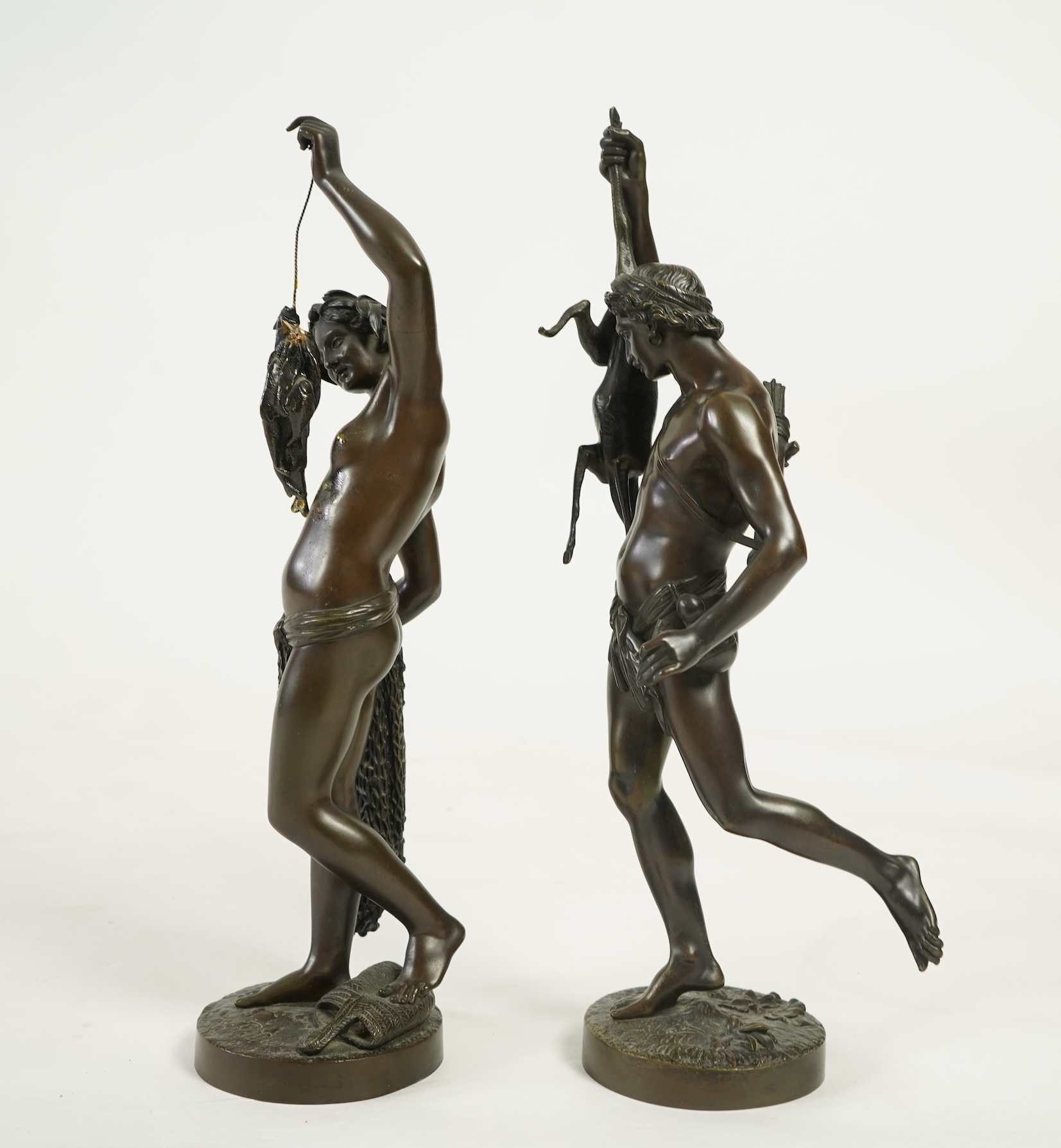 Jean-Jacques, called James Pradier (Swiss 1790-1852), a pair of bronze allegorical figures of fishing and hunting, La Pêche et La Chasse
